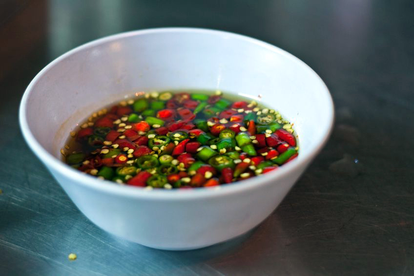 A bowl of the Thai chili hot sauce. Have fun!