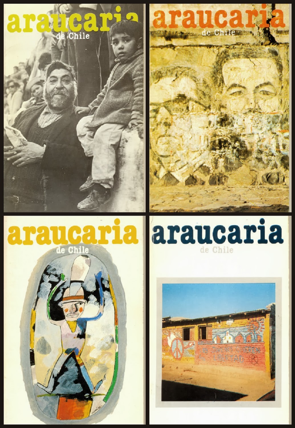 COUVERTURES DES REVUES « ARAUCARIA DE CHILE » : Nº 23, PHOTO DE DOMINGO MARINELLO ; N° 25 PHOTO DE RUDOLPH LEQUIN ; N° 34, PEINTURE ANTONIO SEGUÍ ; N° 35 FRESQUES ANONYMES POBLACIÓN LA VICTORIA.