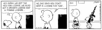 Peanuts comic | Licenses for dogs, fishing, driving, and guns
