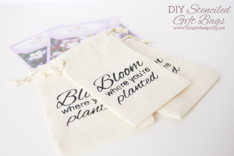 DIY Stenciled "Bloom" Gift Bag | cute cotton drawstring bags, stenciled and filled with flower seeds | perfect for #mothersday #teacherapprecviation #spring or #easter | #silhouette #vinyl
