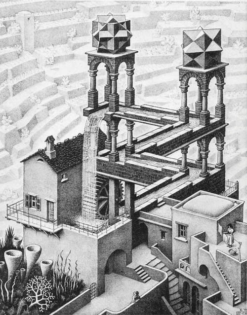 01-Waterfall-Andrew-Lipson-Surreal-M-C-Escher-v-Lego-in-Drawing-v-Sculpture-www-designstack-co