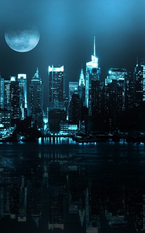 Blue City Skyline Full Moon  Galaxy Note HD Wallpaper