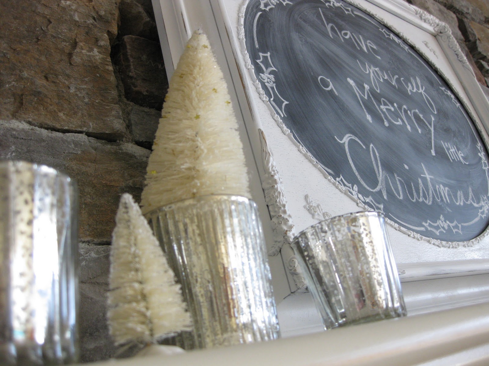 Primp Junktion white christmas mantel, bleaching bottle brush trees