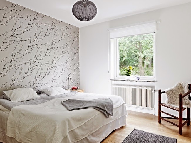 bedroom wallpaper ideas, light gray thin branches