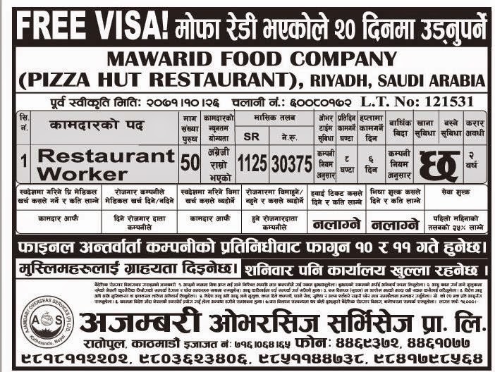 Pizza hut Restaurant Vacancy in Saudi Arabia