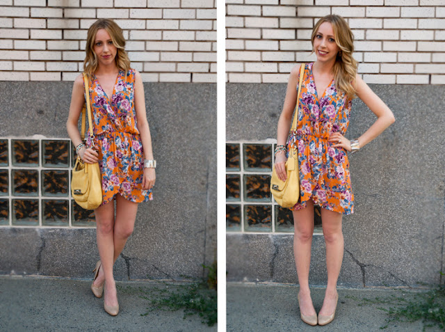 vintage orange flower inlovewithfashion LOVE wrap dress nude pumps banana yellow Coach leather bag wavy hair fat curl stick