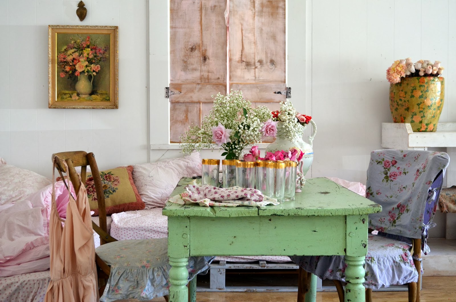 Simply me Saturday Yard Sale Find!! table for two in the barn.