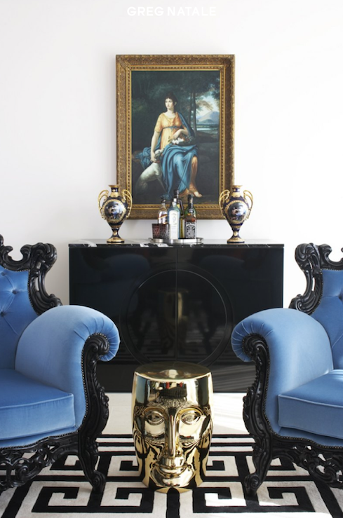 Kensington Bliss Giddy For Greek Key Greg Natalie Via Decor Pad Jonathan Adler Greek Key Rug Love The Strong Graphic Punch Of Large Scale Paired With Bright Blue Chairs