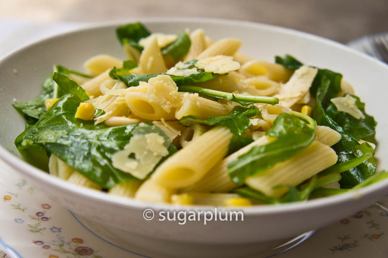 Sugar & Spice & everything nice Arugula Corn Pasta Salad with Lemon