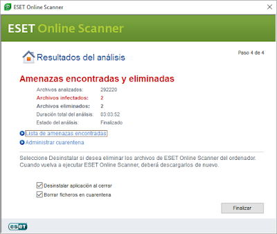 Resultado análisis con Eset Scanner Online Resultado análisis con Eset Scanner Online