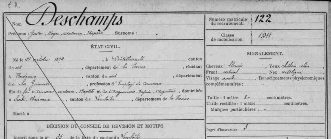 Mémoire des poilus de la Vienne DESCHAMPS Gaston Roger Antonin Baptiste