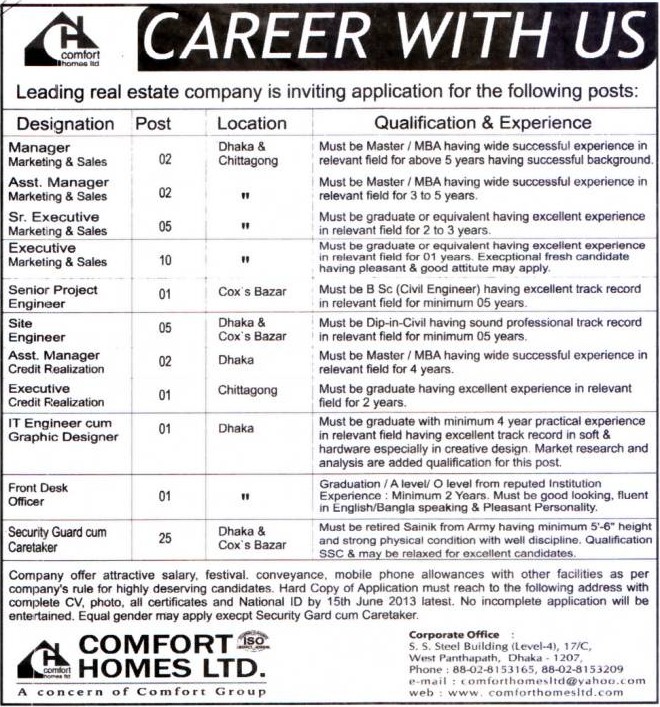All Newspaper Jobs Comfort Homes Ltd Position Manager Asst