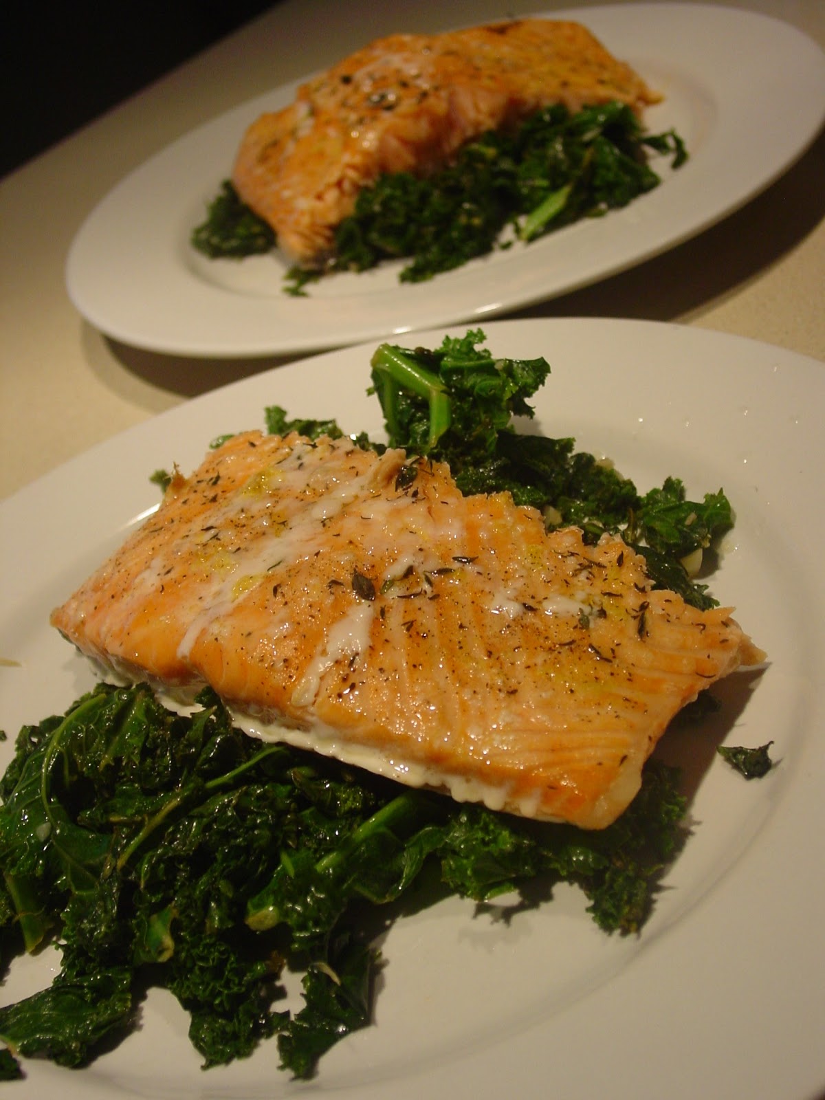 The Dirty Floor Lemon Thyme Baked Salmon and Sauteed Garlic Lemon Kale