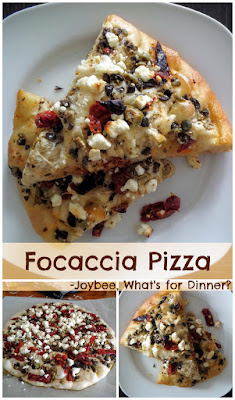 Focaccia Pizza:  An Italian flat bread made with a wet dough, shaped into a pizza, and topped with tapenade, sun-dried tomatoes, and feta cheese (or toppings of your choosing).