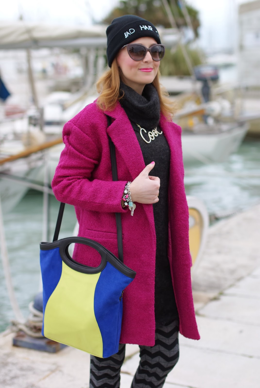 persunmall fuchsia coat, color block bag,  chevron leggings, Fashion and Cookies, fashion blogger