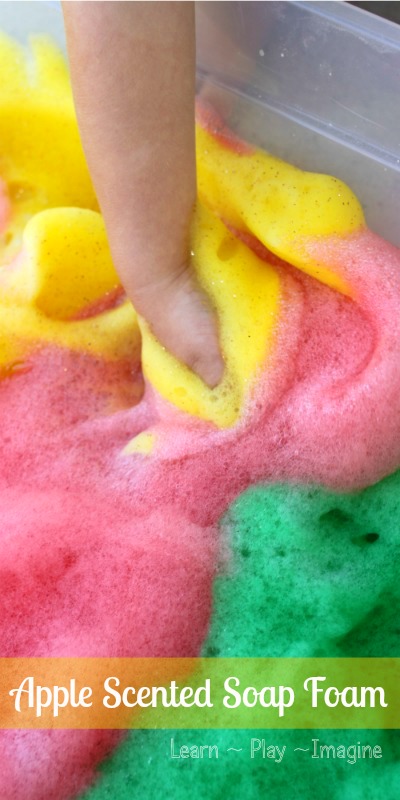 Apple scented soap foam in yummy scents and colors!  Kids of all ages will love this sensory activity.