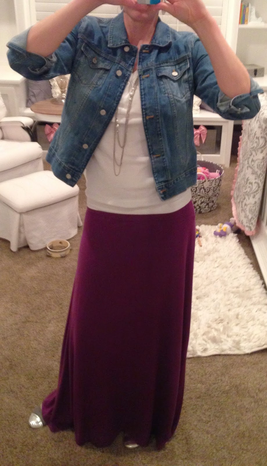 A REALLIFEstyle Blog Purple Maxi Skirt, Jean Jacket, White Tee