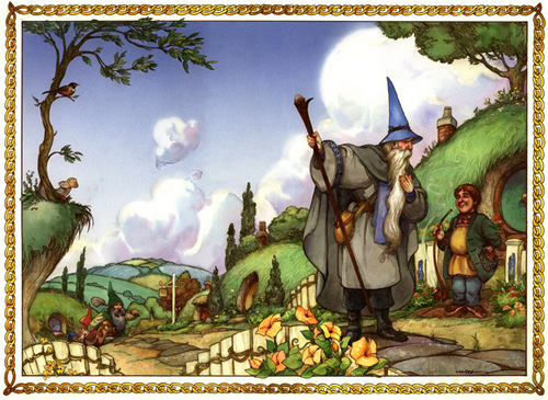 01-One-Morning-at-the-Shire-Artist-David-Twenzel-Watercolour-The-Hobbit-Frodo-Baggins-Gandalf