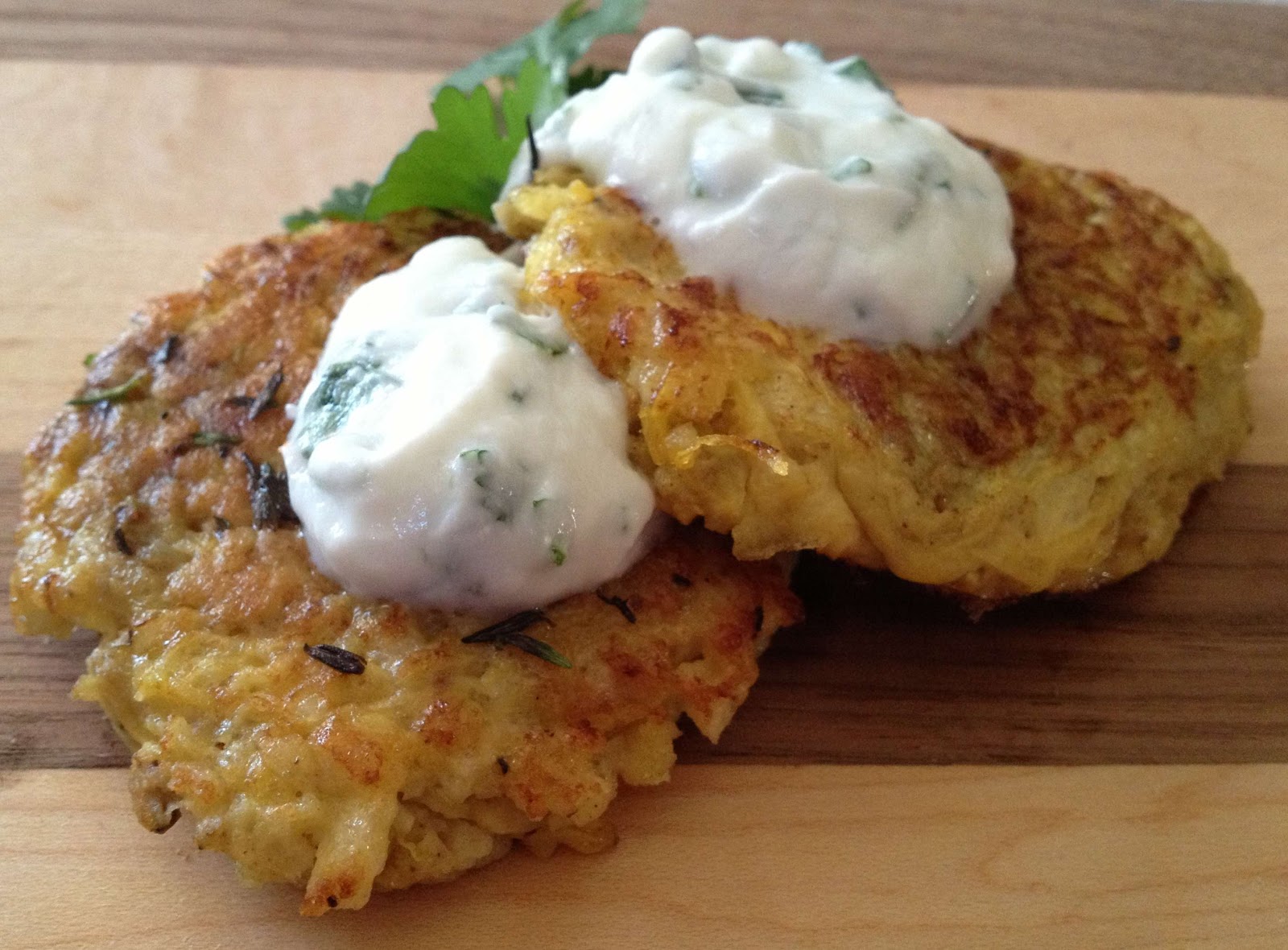 Sprigs of Rosemary Spicy 'Sketti Squash Patties with Cilantro Yogurt