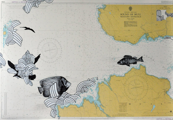 Seascape 35, 2014. Navigation map, acrylic on canvas, 70 x 100 cm