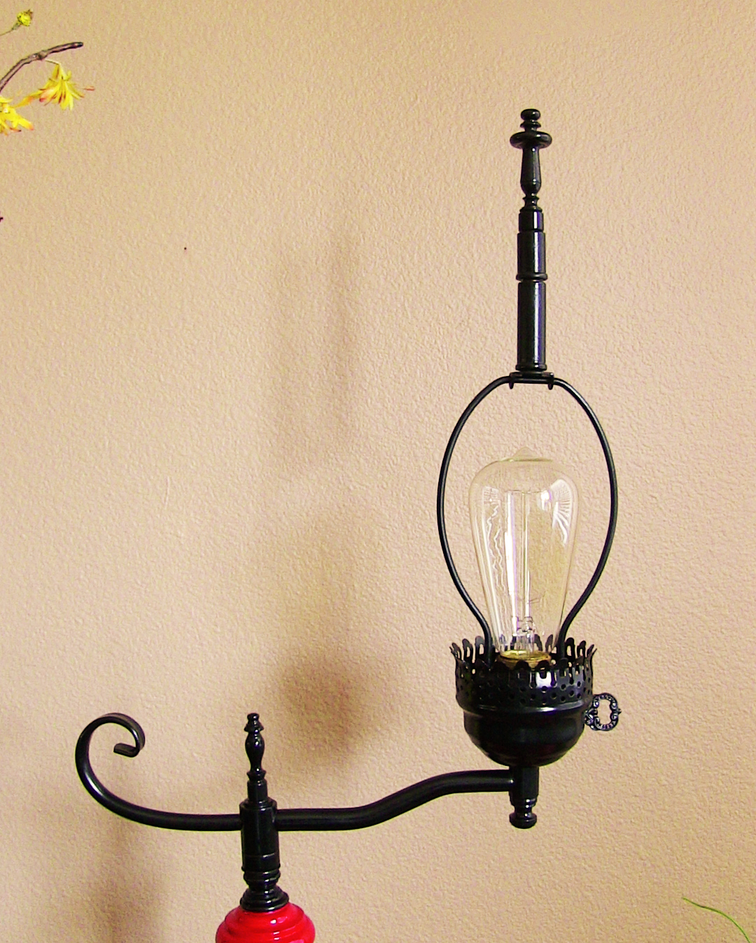 Apple Red and Black Vintage side table with Lamp attached Tweaked Designs