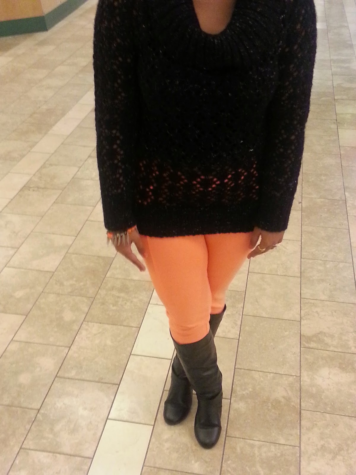 Orange pants with black knitted top, Orange leggings, Orange tights, colored pants, Seattle Fashion Blogger, Ananya without make up 