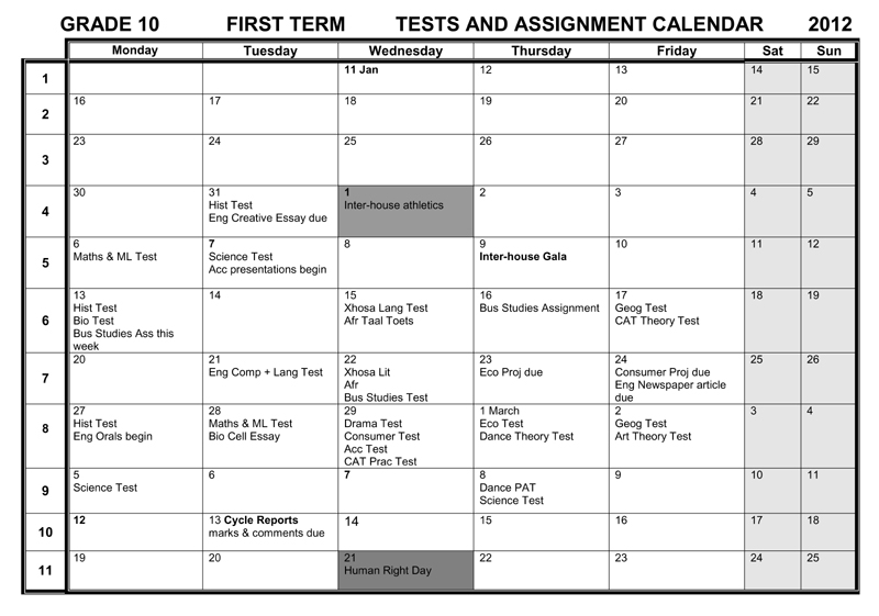 school assignment calendar