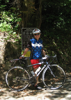 pep decked out in red, white, and blue, with bike decorated for the Fourth of July, Stevens Canyon, California