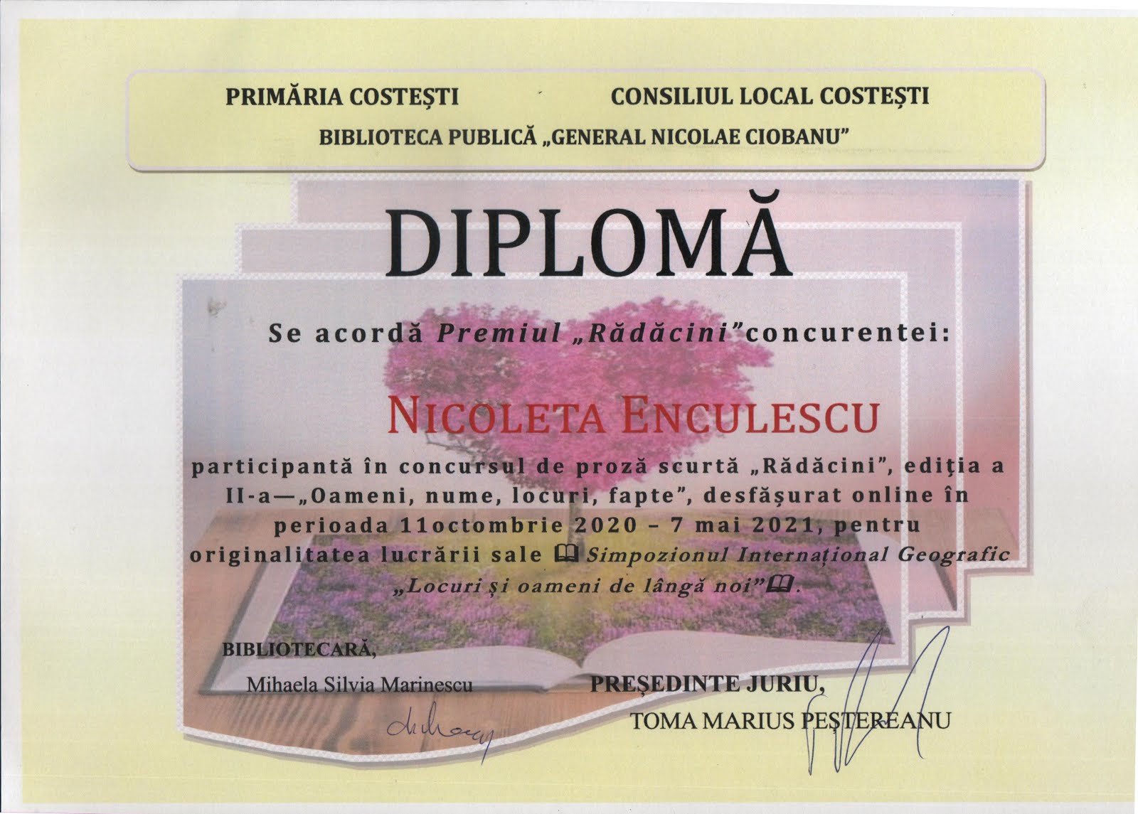 Premiul ”Rădăcini”, obținut la concursul ”Rădăcini”, organizat în comuna Costești, județul Vâlcea