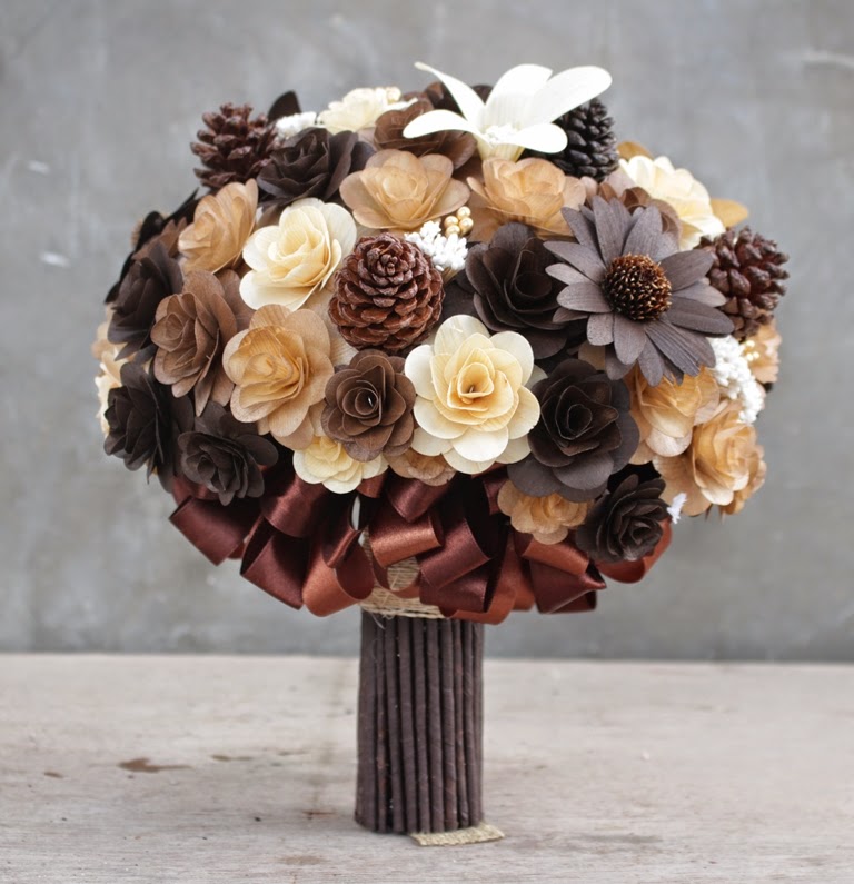 Rustic Brown and Ivory Wedding Bouquets, Corsages made of Wooden