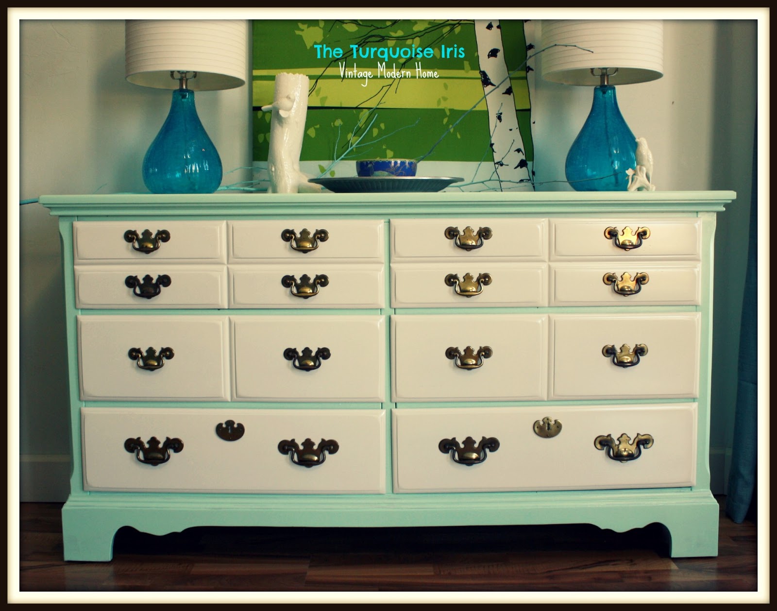 The Turquoise Iris Furniture & Art Mint and White Glossy Vintage Dresser