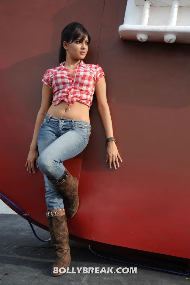 Samantha posing in blue jeans and a red and white tied up half top -  Samantha New jeans photoshoot- HOT PICS
