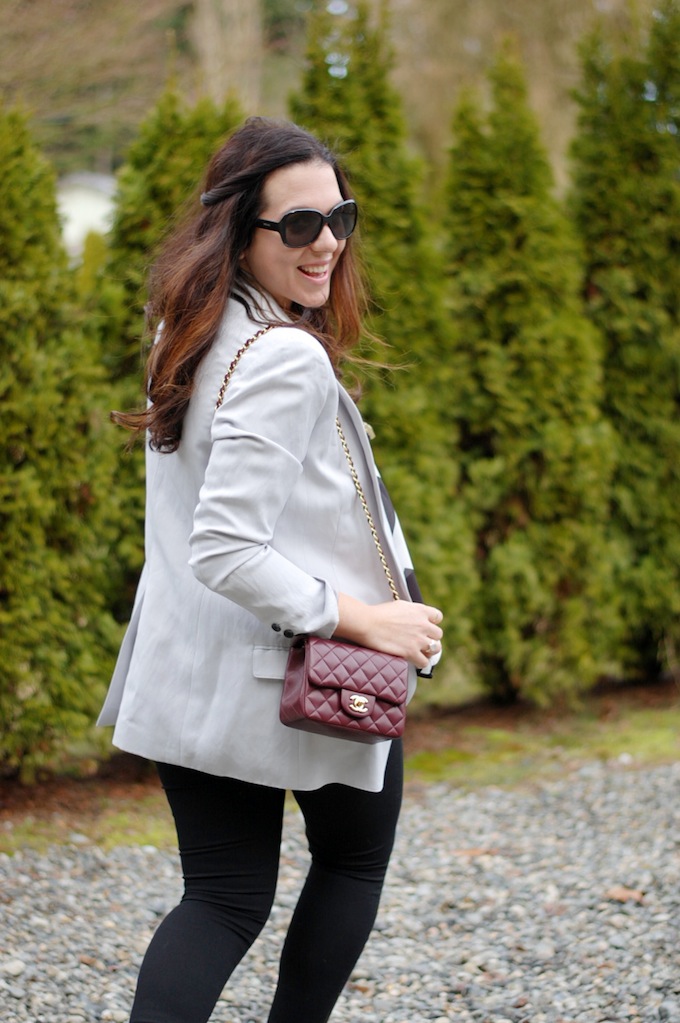 Chanel Mini flap bag burgundy Lambskin and Smythe Long Shawl Blazer by Vancouver fashion blogger Aleesha Harris of Covet and Acquire.