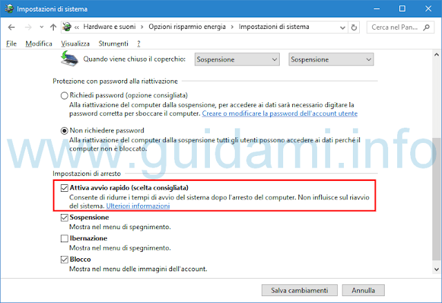 Impostazione arresto Attiva avvio rapido Windows 10