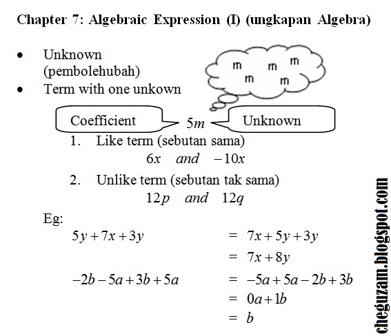 Nota Matematik Tingkatan 1 Bab 7 Ungkapan Algebra Algebraic Expressions Chegu Zam