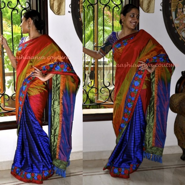Blue and Red Uppada Saree Saree Blouse Patterns