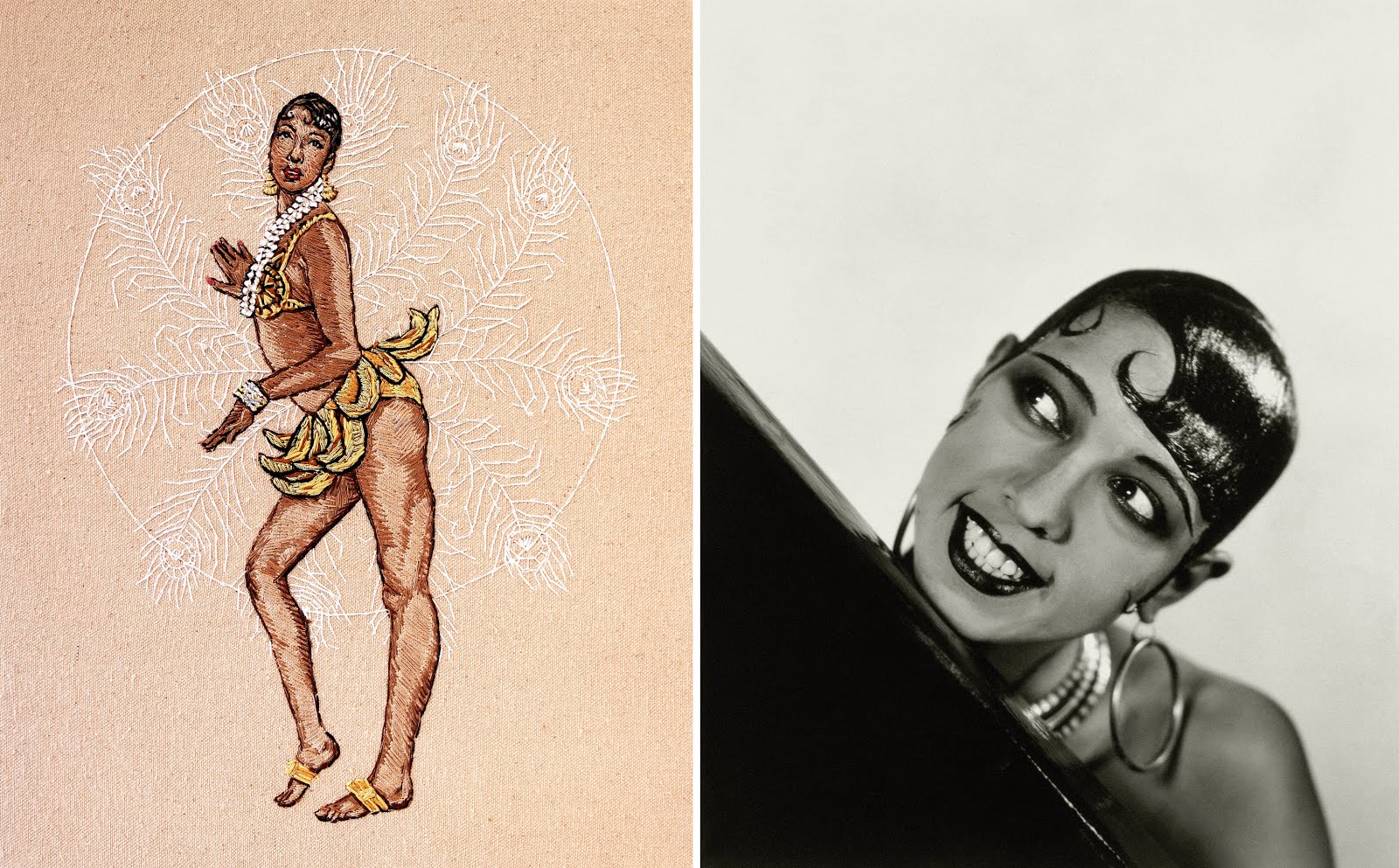 Left) Mindy Harris, "Josephine Baker", Hand embroidered cotton on...
