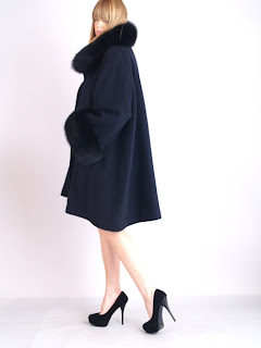 Vintage black cashmere swing coat with fox fur collar and cuffs