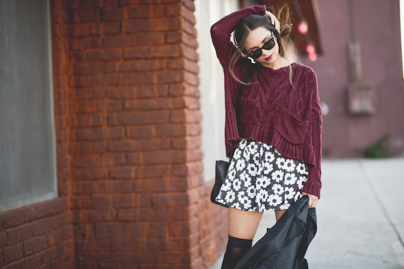 knee socks, 2020ave, burgundy sweater, hm, ankle booties, romwe, floral skirt, danielle nicole, alexa mini tote, ag jeans, fashion, outfit, wolford, rayban, leather jacket, fall fashion
