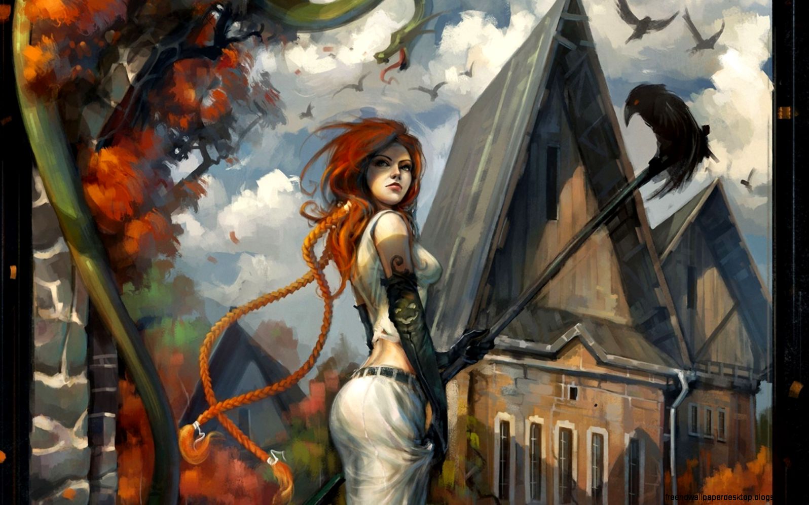 Art Girl Redhead Autumn Crows Buildings City HD Wallpaper Art Girl Redhead Autumn Crows Buildings City HD Wallpaper