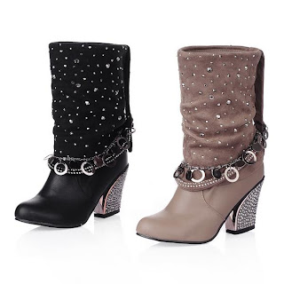 Faux Leather Rhinestone Metal Chain Short Boots