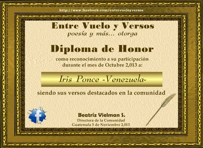 DIPLOMA DE HONOR DE ENTRE VUELO Y VERSOS