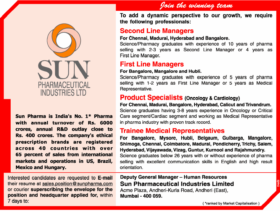 Sun Pharmaceutical jobs June 2011 Sun Pharma Recruitment June 2011