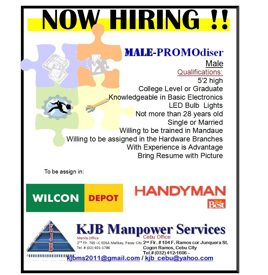 KJB Manpower Services Male Promo now Hiring for Hardwares