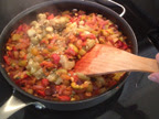 The final step. Adding the eggplant to the rest of the vegetables for Caponata