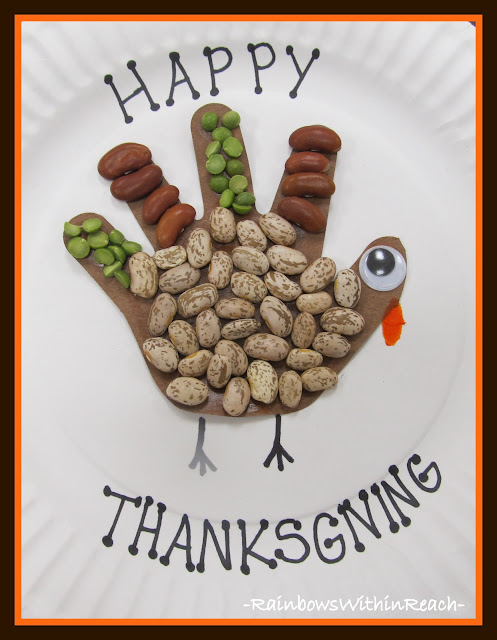 photo of: Happy Thanksgiving Turkey Handprint filled with Texture (Beans) via RainbowsWIthinReach