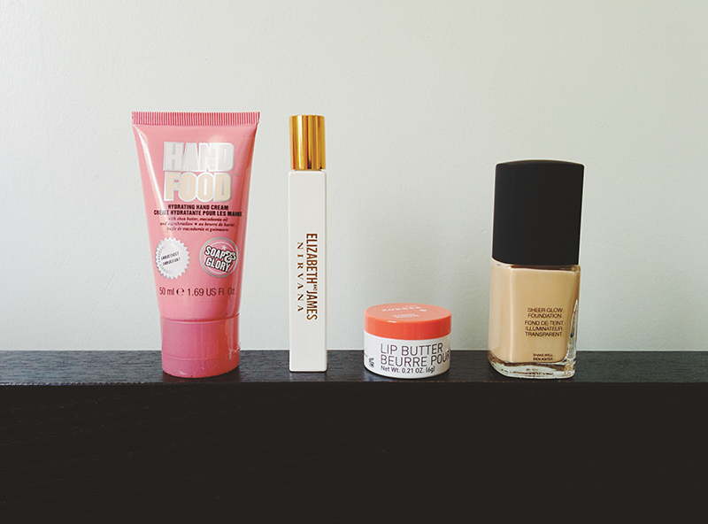 soap and glory hand food, elizabeth and james nirvana white, korres lip butter in mango, nars sheer glow ceylan