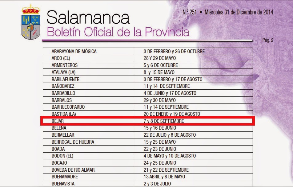 Crónicas de Béjar Calendario oficial de las fiestas locales en la comarca de Béjar y provincia