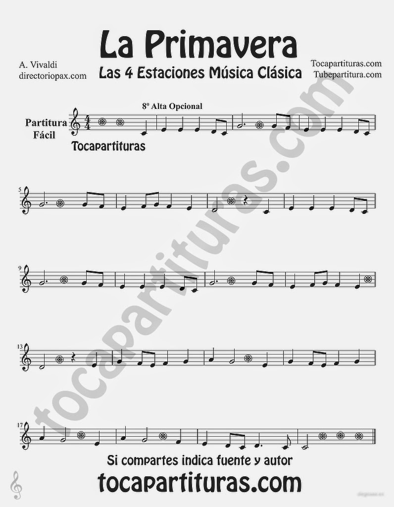 tubescore Spring from the Four Seasons Easy Sheet Music for Flute by