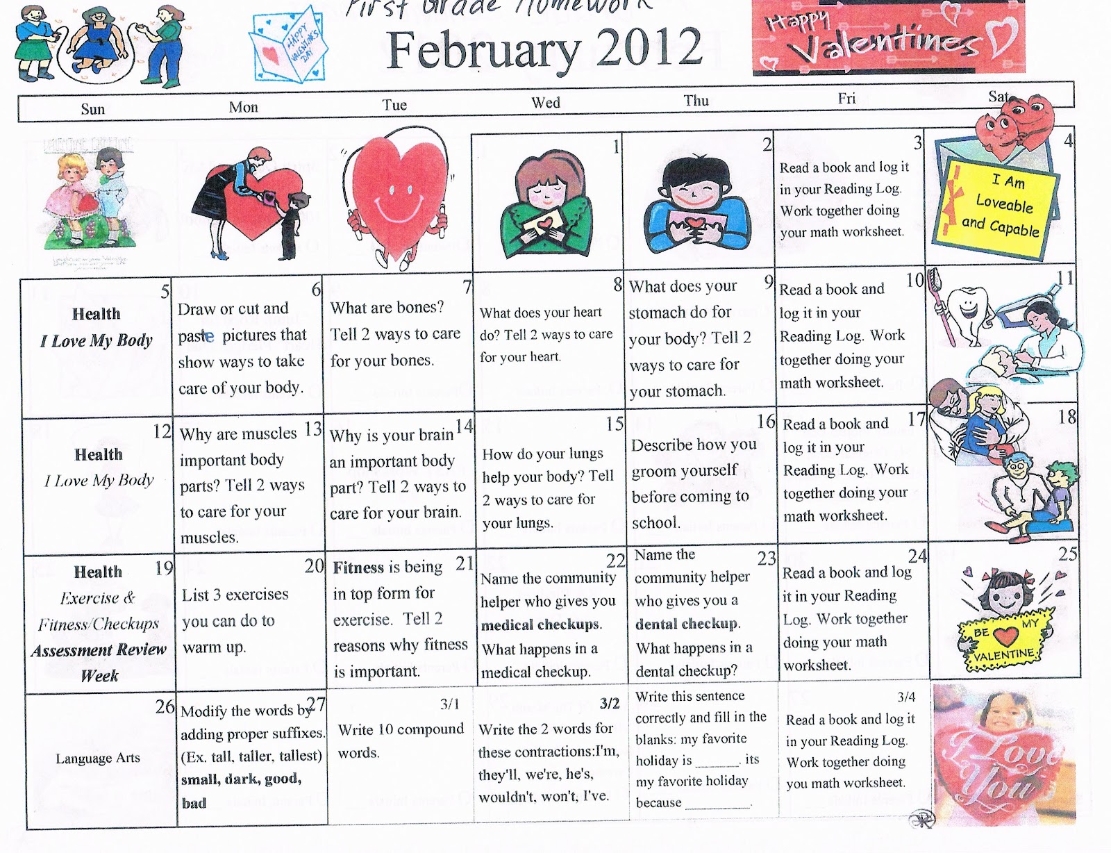 College homework calendar printable picture